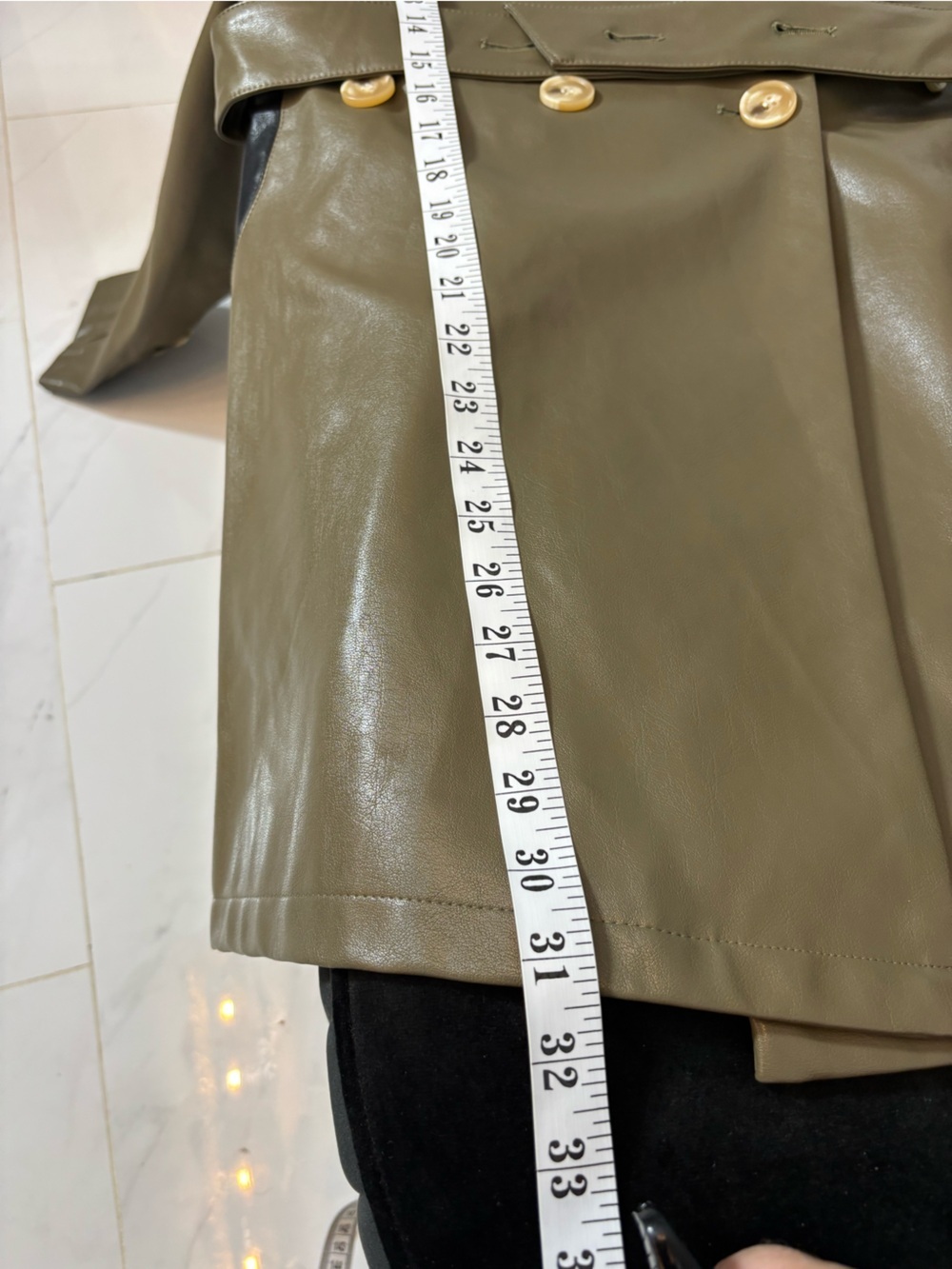 Olive Green Faux Leather Belted Trench Blazer - Picture 16 of 16